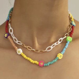 Smiley Face Y2K Colorful Rainbow Bead & Chain Double Layer Necklace NEW